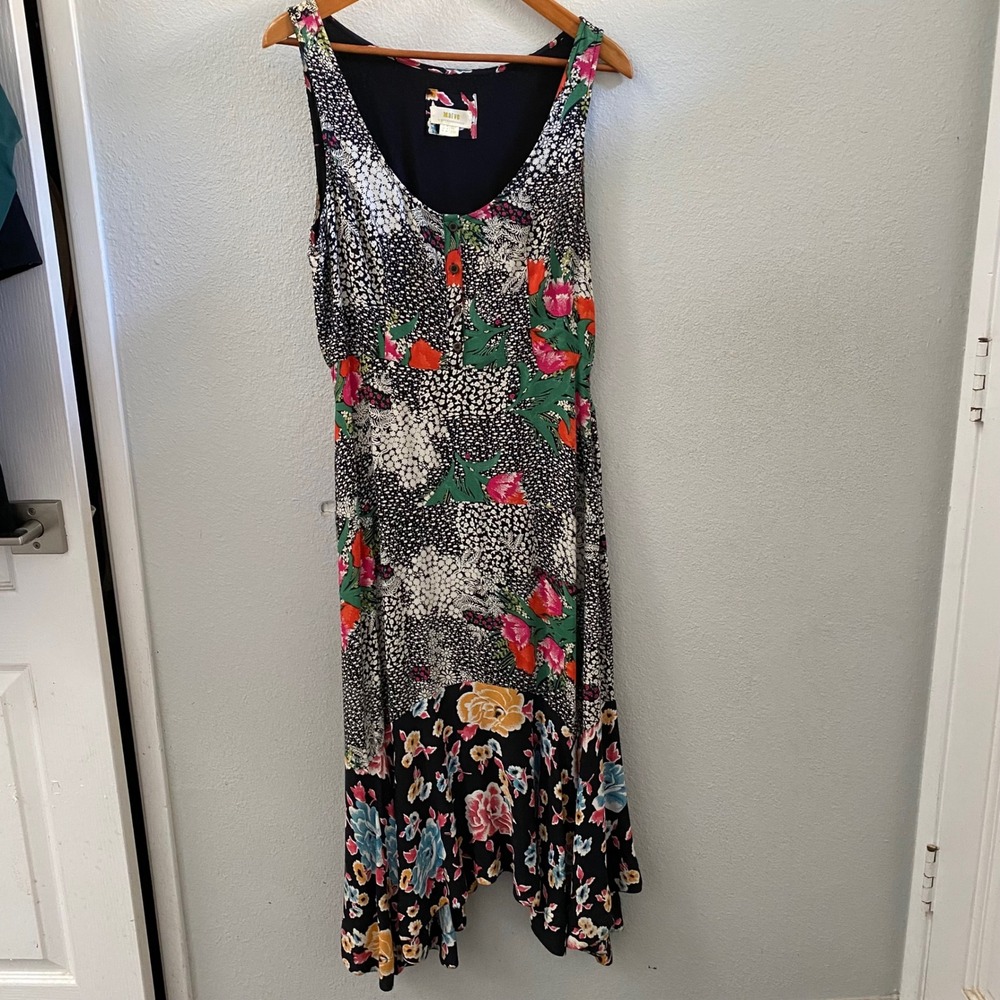 Maeve Anthropologie Mixed Floral Polka Dot cottagecore Handkerchief Hem Dress